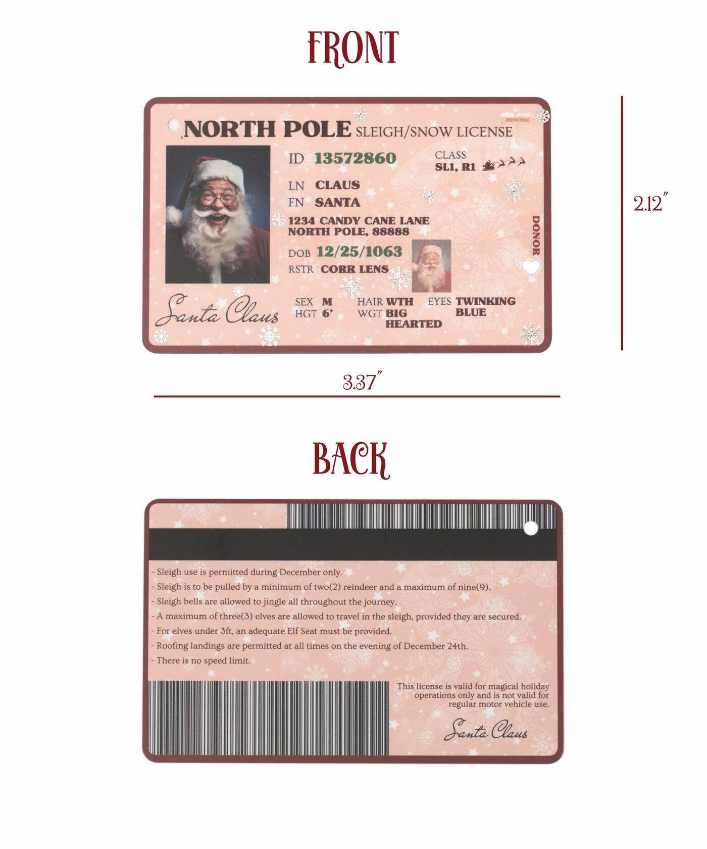 Santa's Lost Driver License Christmas Ornament with String & Envelope