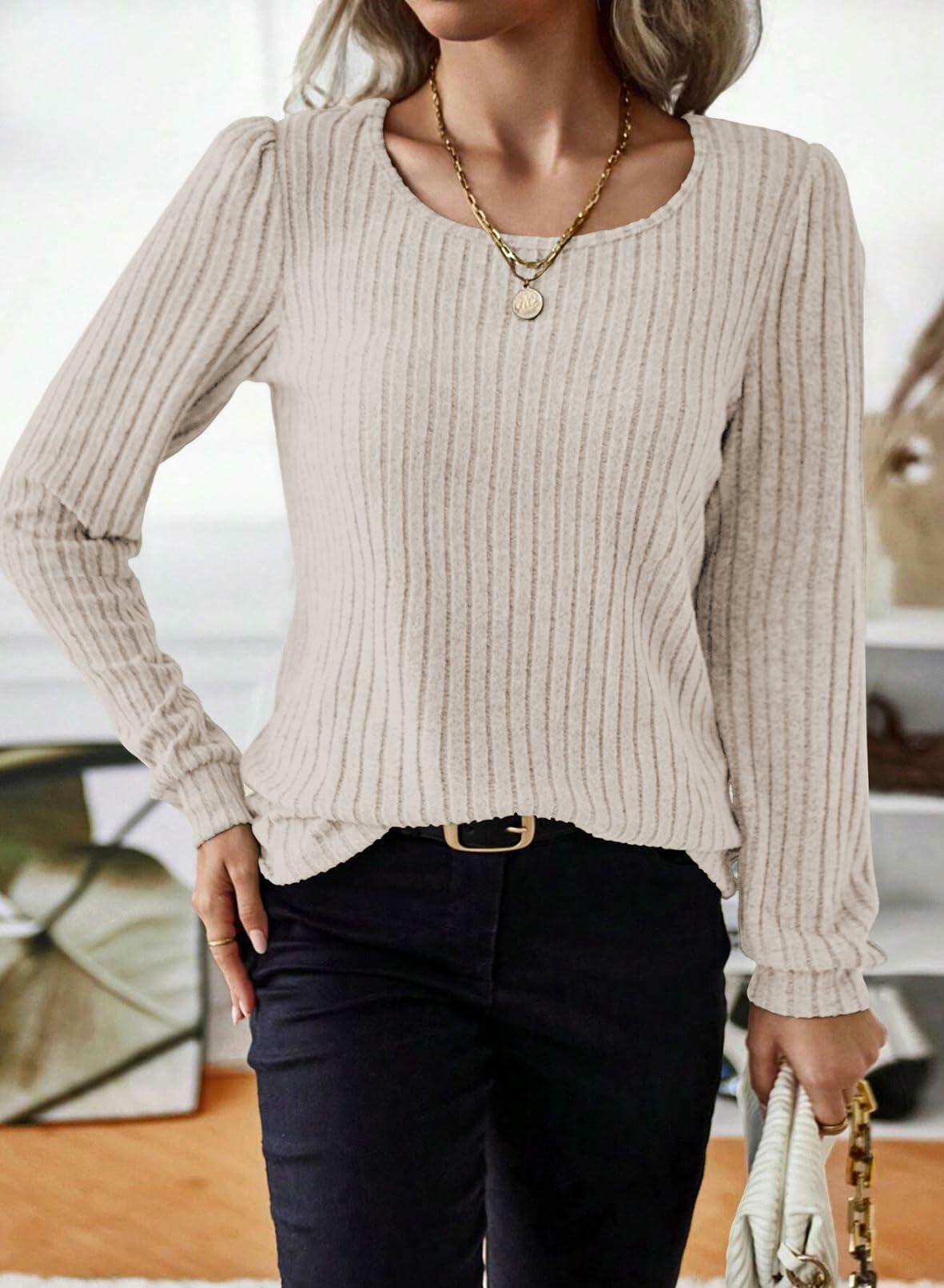 Samefar Womens Long Sleeve Blouse Casual Round Neck Apricot Size S