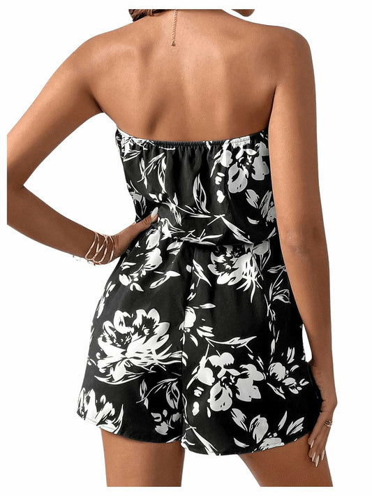 SOLY HUX Women's Green Floral Strapless Sleeveless Tube Romper Size Small