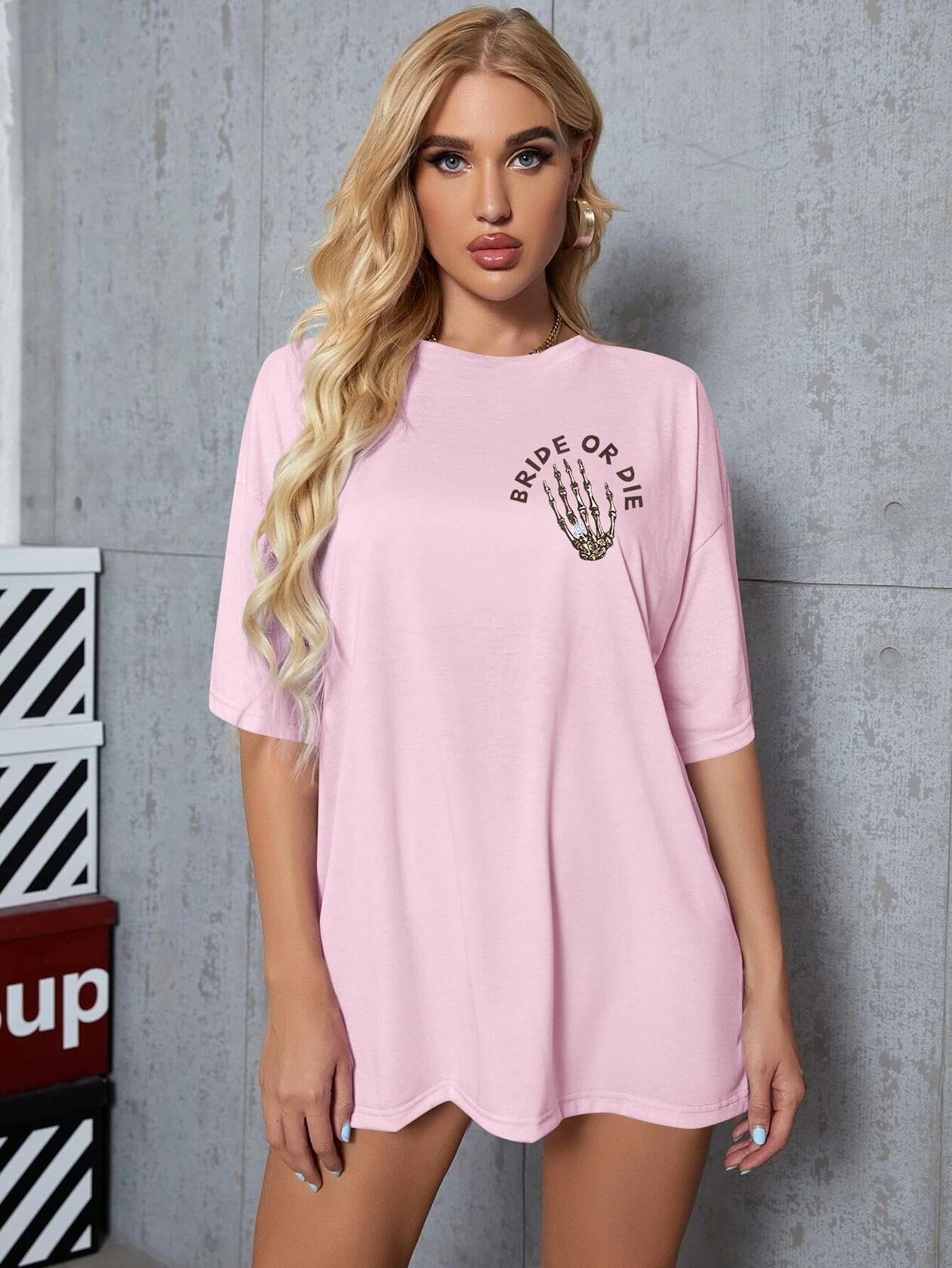 Bride Shirts Women Oversized Bride or Die Skeleton Hand Print Tee - Size XL