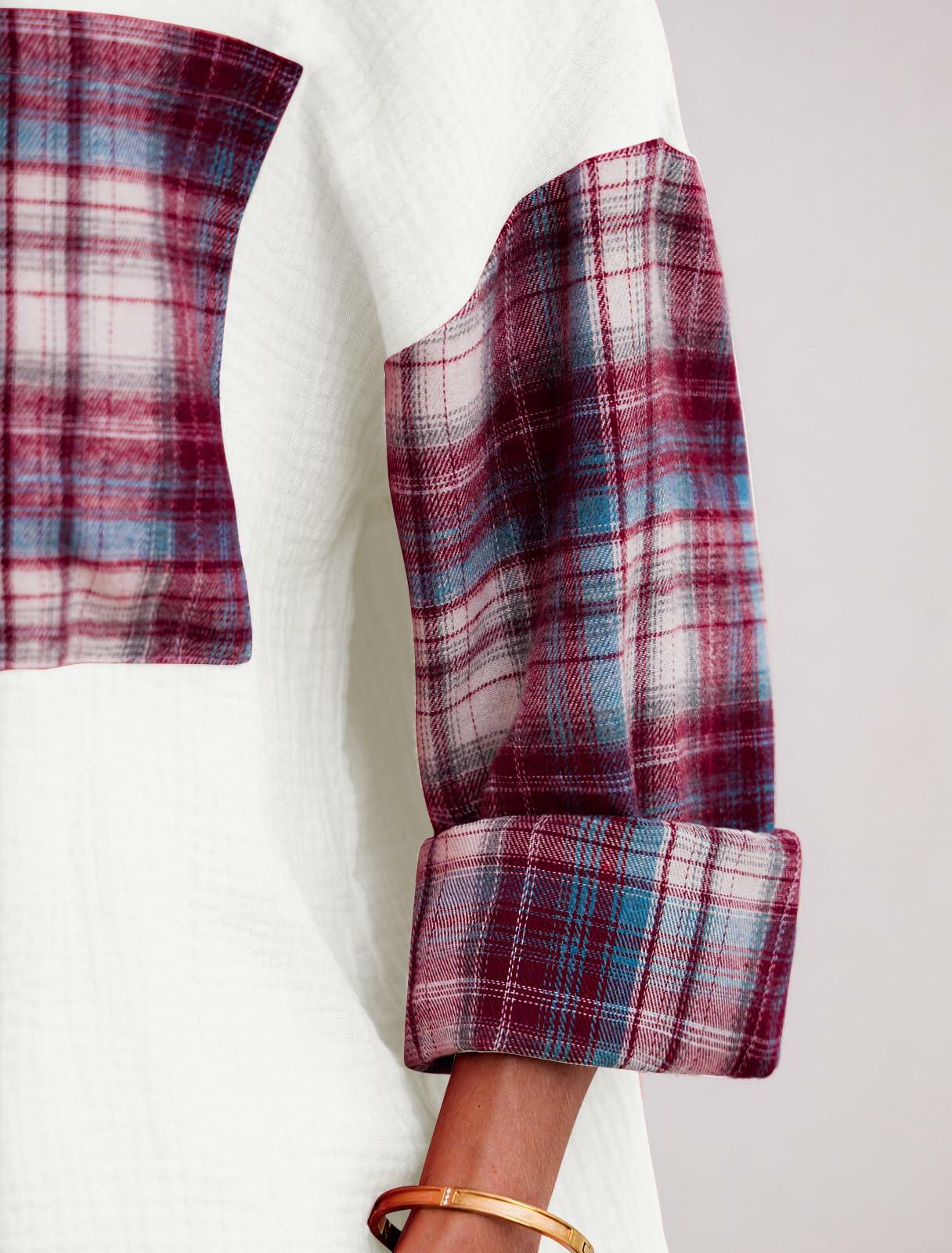 HWOKEFEIYU Women's Cotton Long Sleeve Shirt Red Grid Size M