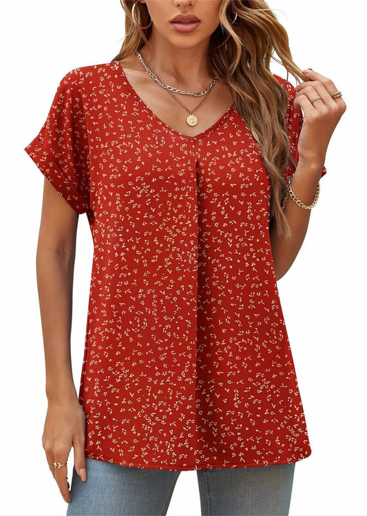 QUEZHU Women's V Neck Short Sleeve Chiffon Blouse Wine Red Size Small