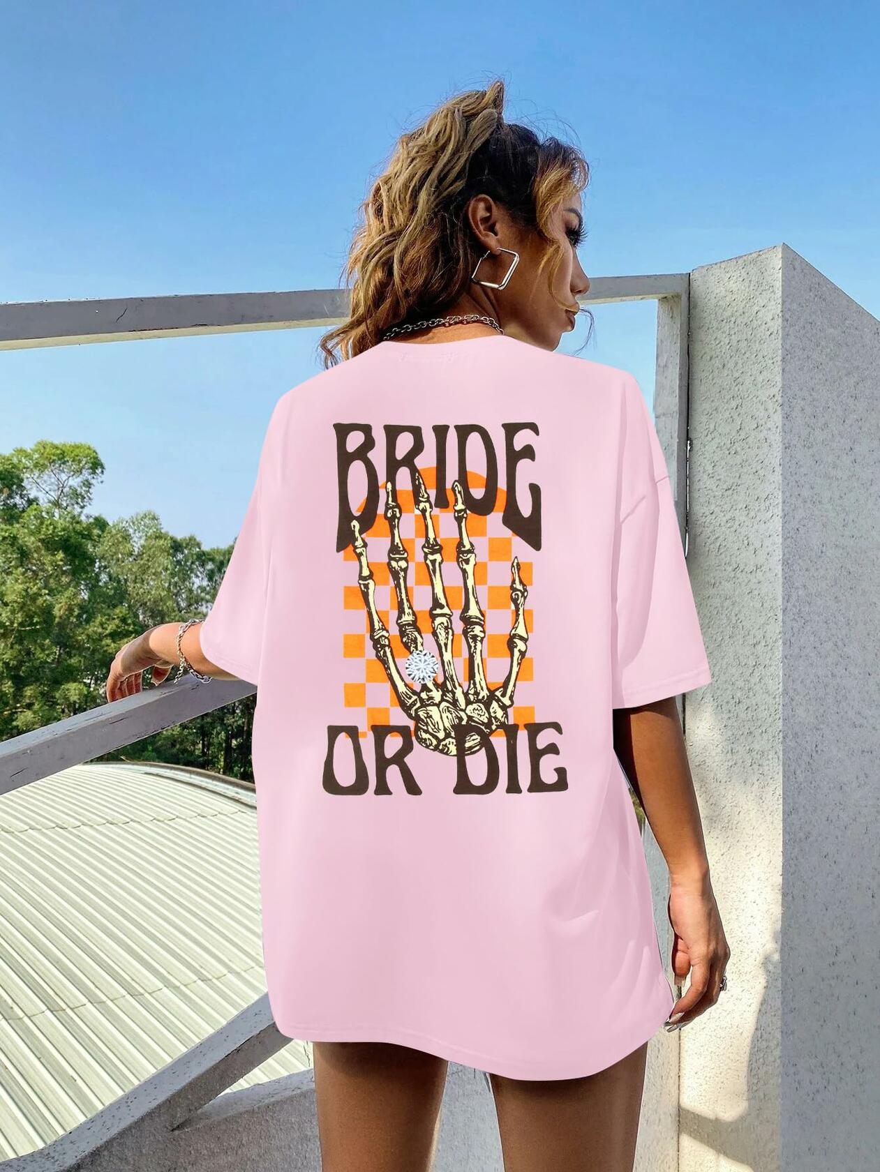 Bride Shirts Women Oversized Bride or Die Skeleton Hand Print Tee - Size XL