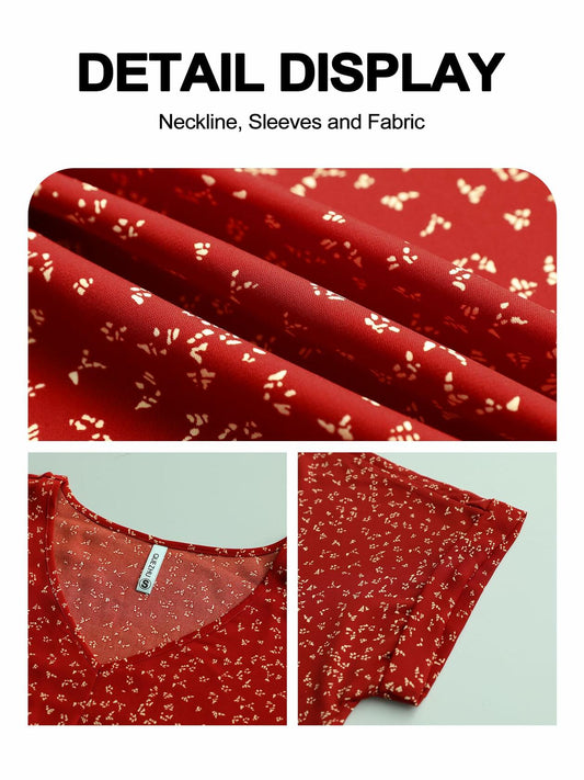 QUEZHU Women's V Neck Short Sleeve Chiffon Blouse Wine Red Size Small