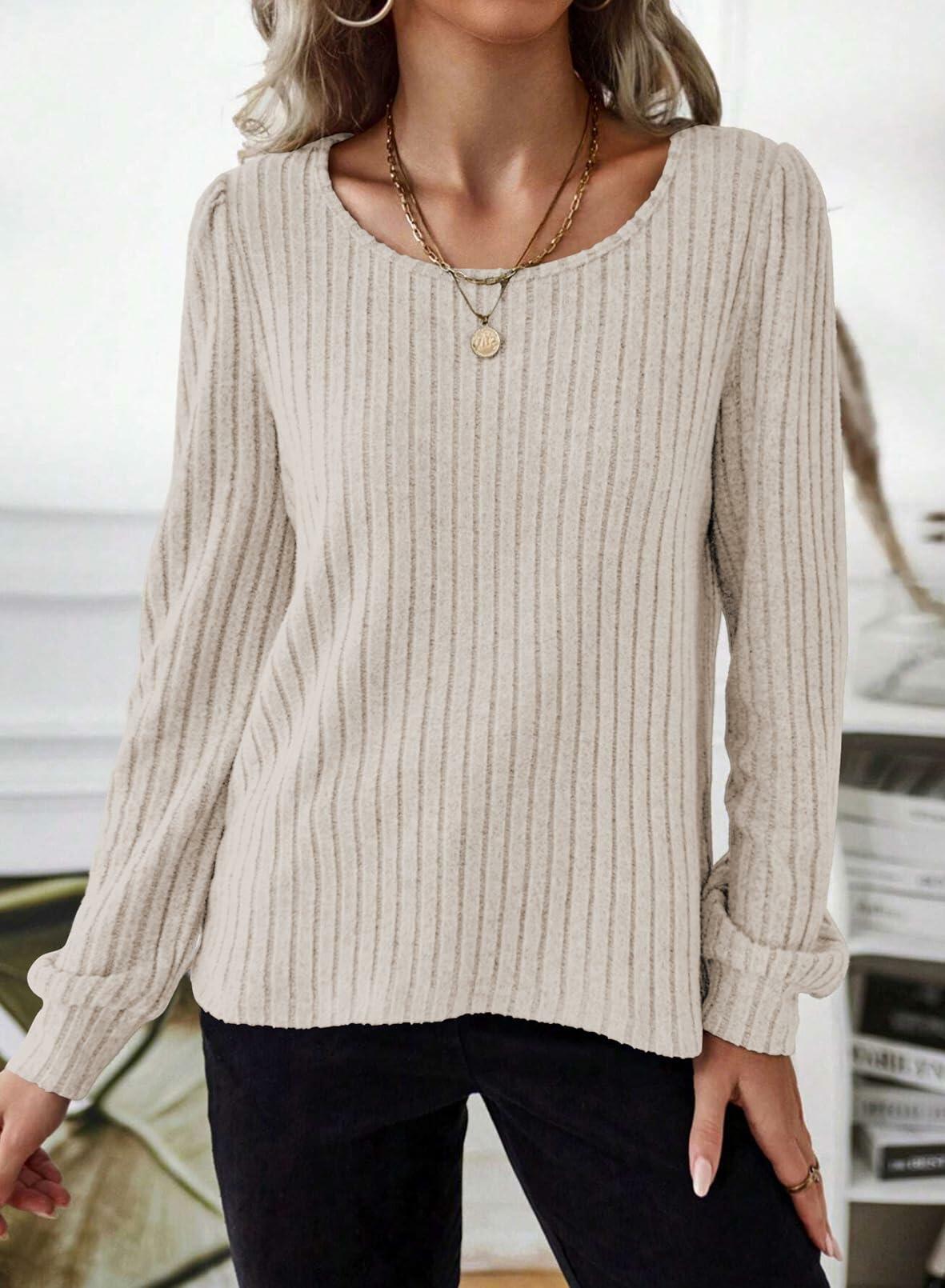 Samefar Womens Long Sleeve Blouse Casual Round Neck Apricot Size S