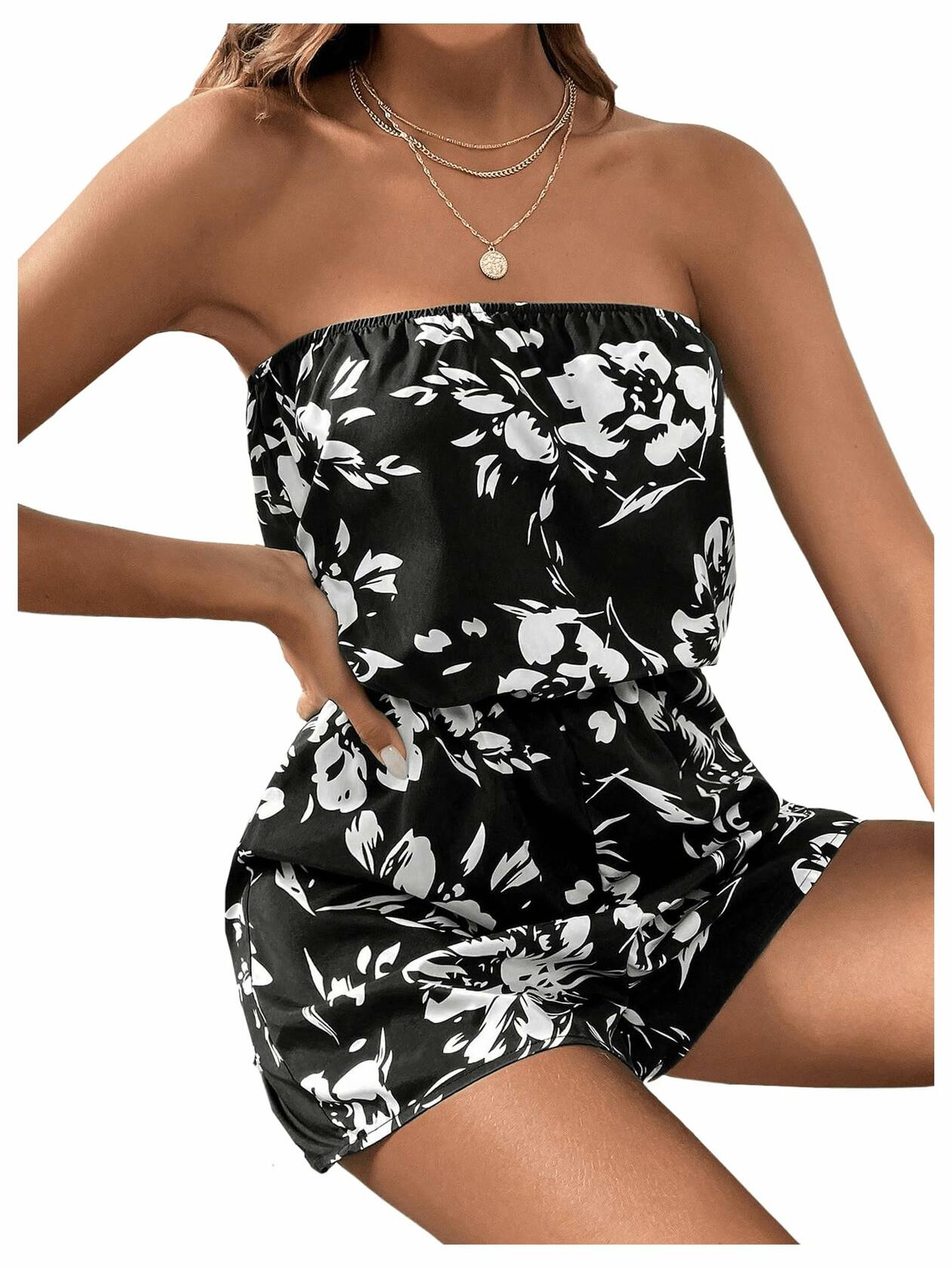 SOLY HUX Women's Green Floral Strapless Sleeveless Tube Romper Size Small