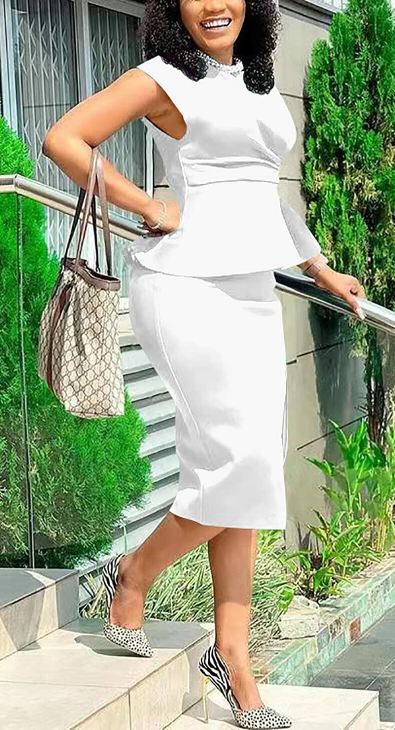 GOBLES Women's White Bodycon Midi Dress Boat Neck Short Sleeve Size L