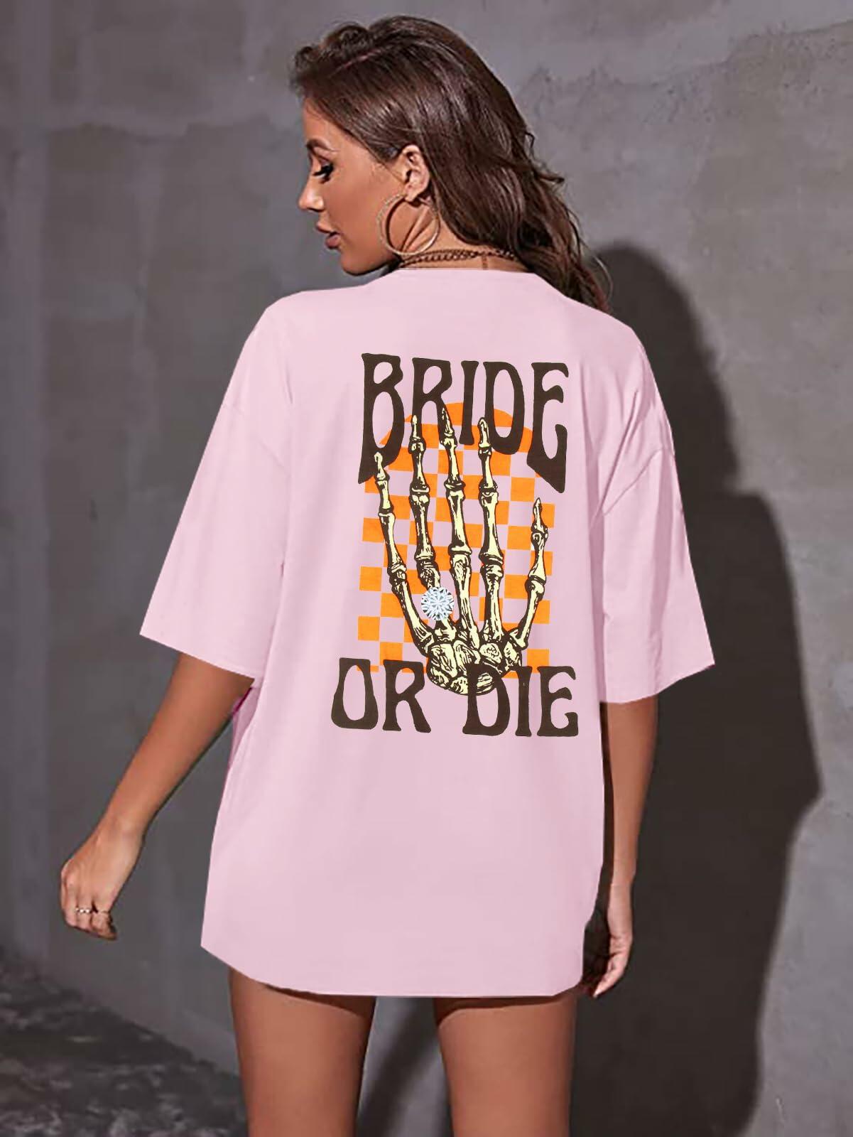 Bride Shirts Women Oversized Bride or Die Skeleton Hand Print Tee - Size XL