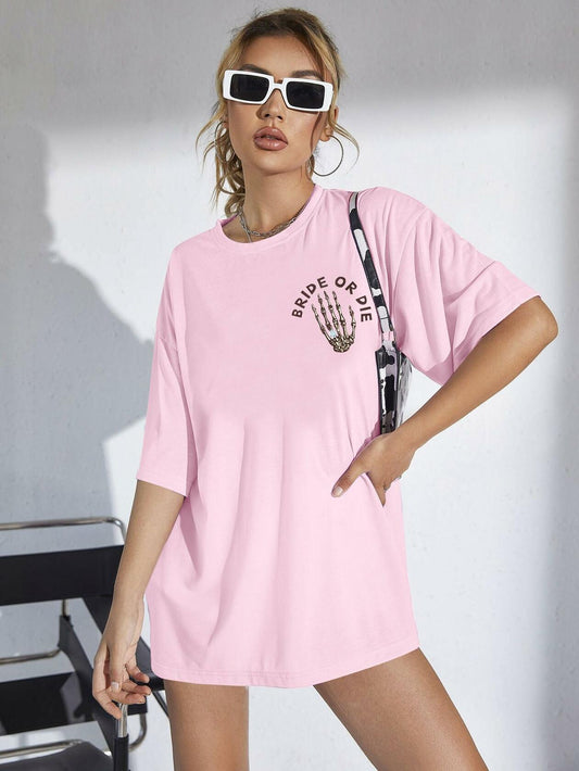 Bride Shirts Women Oversized Bride or Die Skeleton Hand Print Tee - Size XL