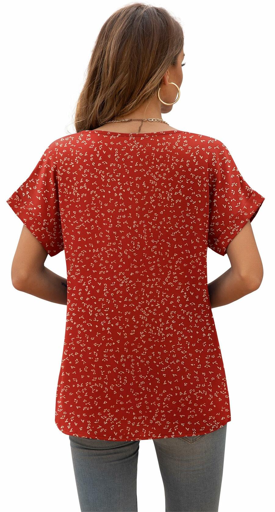 QUEZHU Women's V Neck Short Sleeve Chiffon Blouse Wine Red Size Small