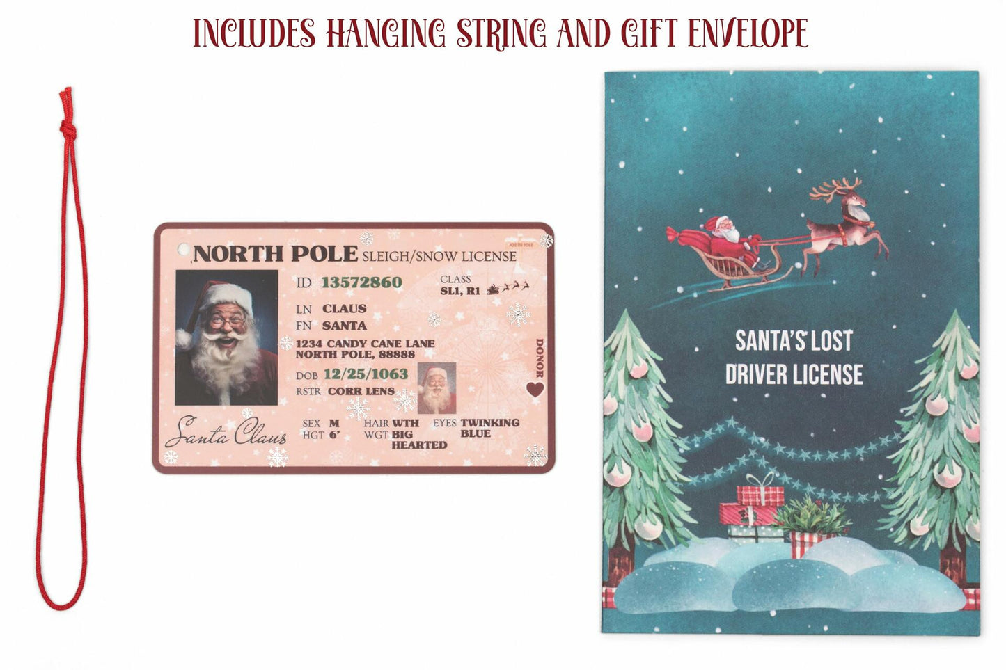 Santa's Lost Driver License Christmas Ornament with String & Envelope