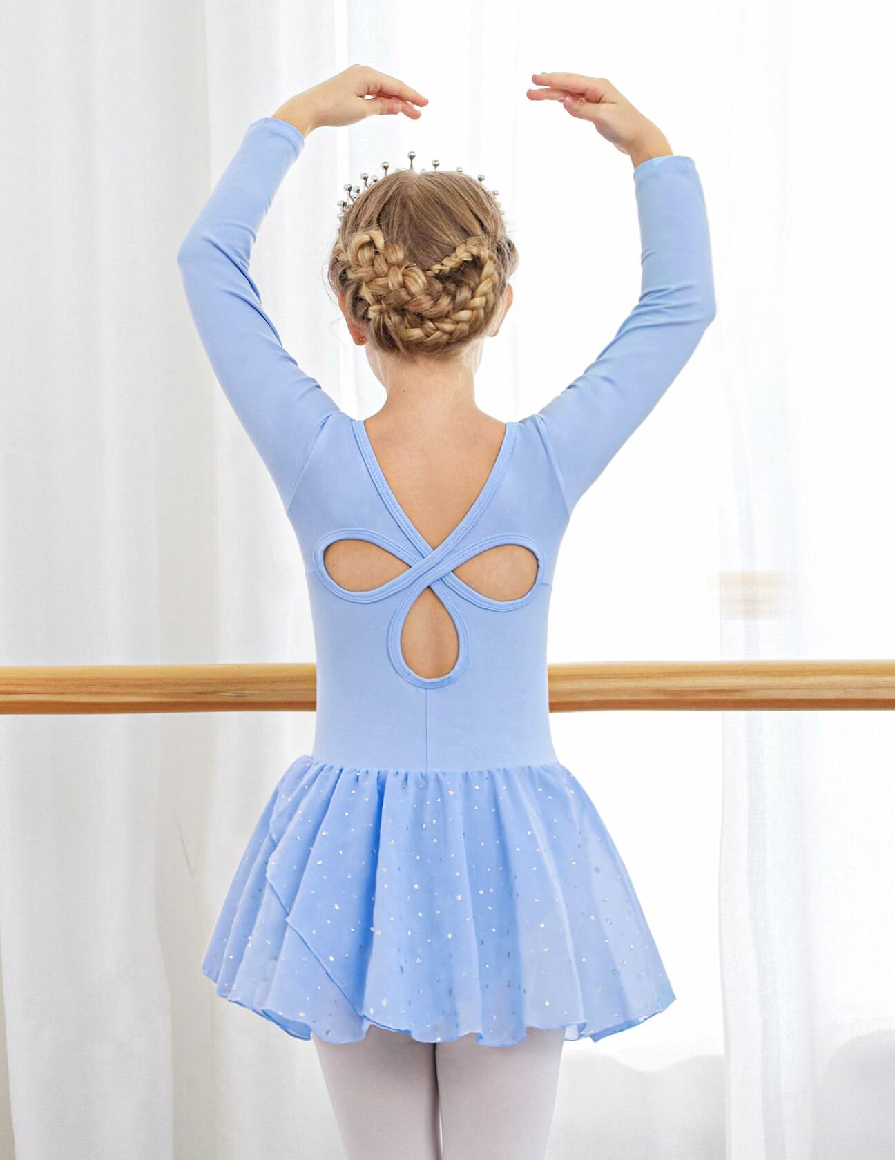 Arshiner Girls Blue Long Sleeve Ballet Leotard with Skirt Size 8-9