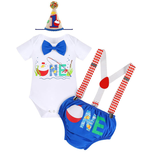Big One Boys Bowtie Romper Suspenders Diaper Cover Hat Royal Blue Size 6-12M