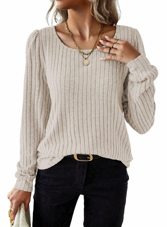 Samefar Womens Long Sleeve Blouse Casual Round Neck Apricot Size S