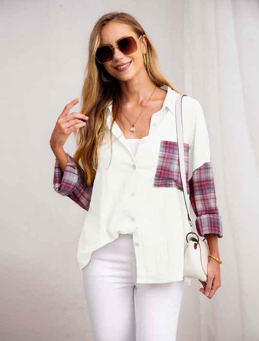 HWOKEFEIYU Women's Cotton Long Sleeve Shirt Red Grid Size M