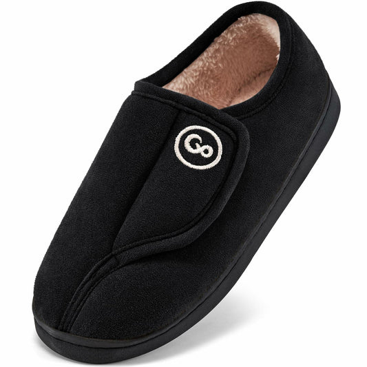 HARENCE Women's Adjustable Memory Foam Fur Lined Slippers Black Size 42/43