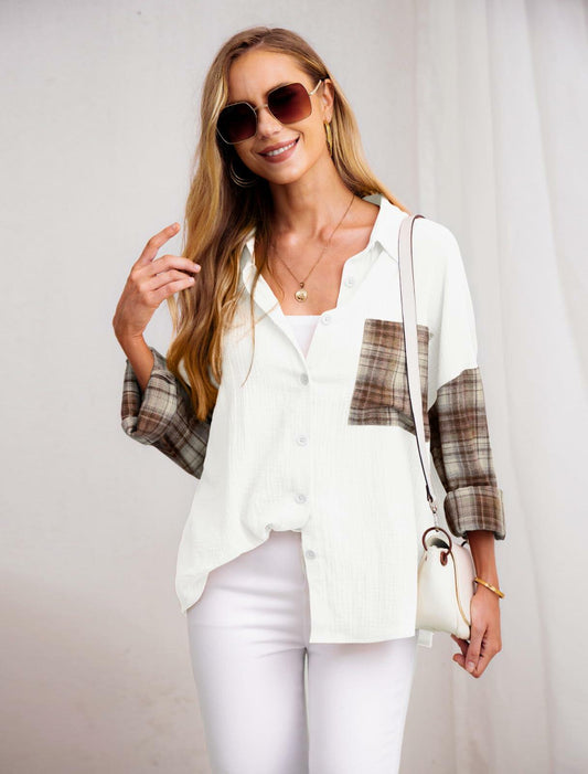 HWOKEFEIYU Cotton Button Down Shirt Women Casual Brown Grid Size S