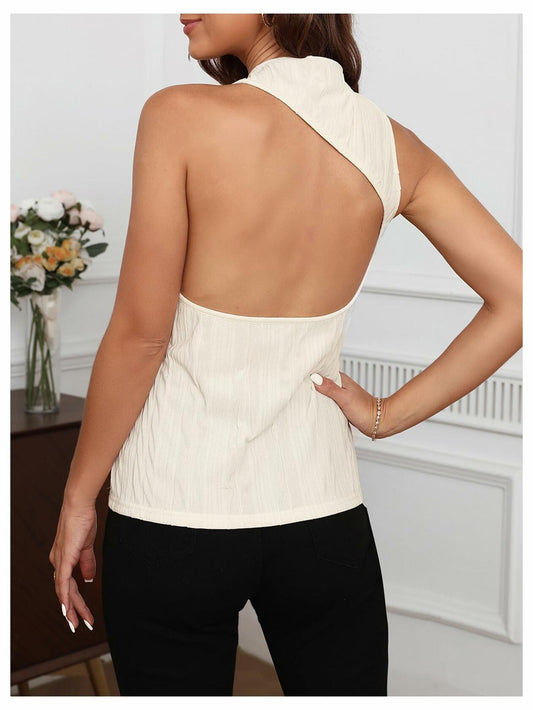 BEAUDRM Women's Textured Backless Mock Neck Tank Top Apricot Size L