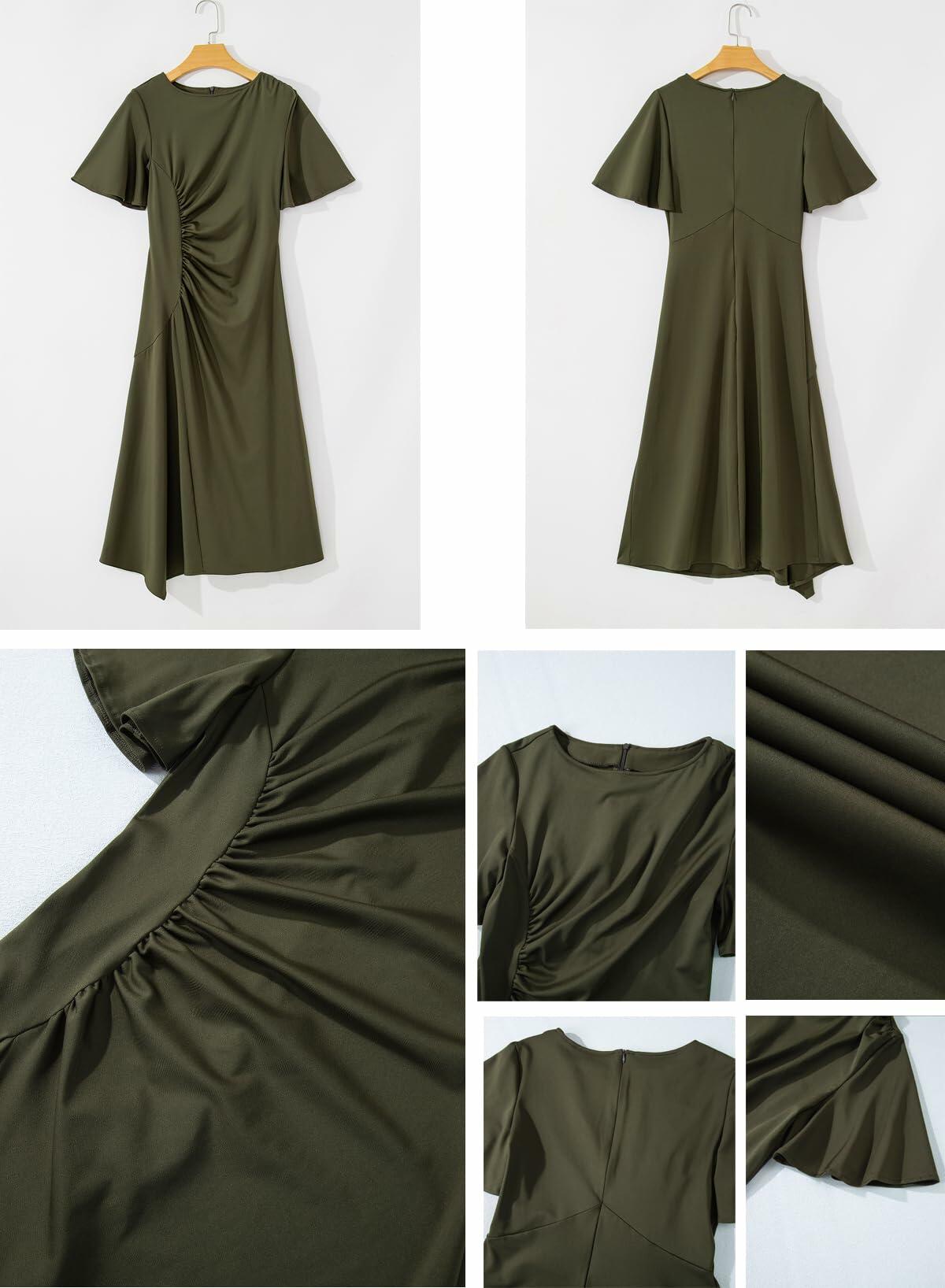 BLENCOT Womens Midi Dress P1609 Ruched Waist Crewneck Green Size Small