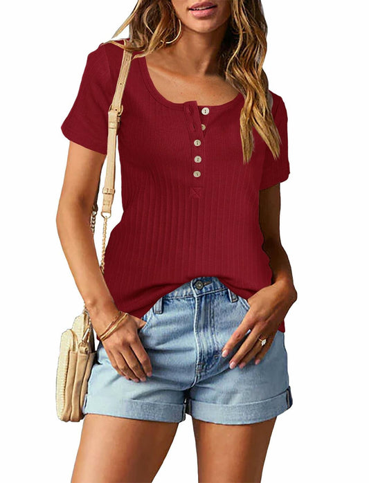 Topstype Women's Henley T-Shirt Short Sleeve Dark Red Size XXL