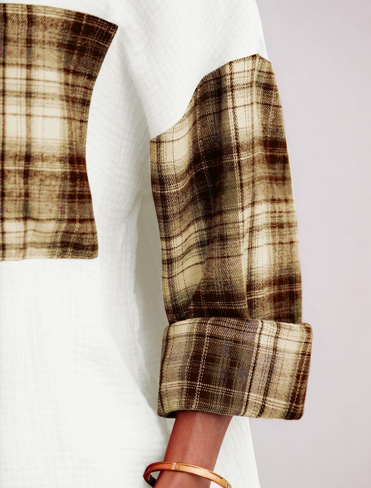 HWOKEFEIYU Cotton Button Down Shirt Women Casual Brown Grid Size S