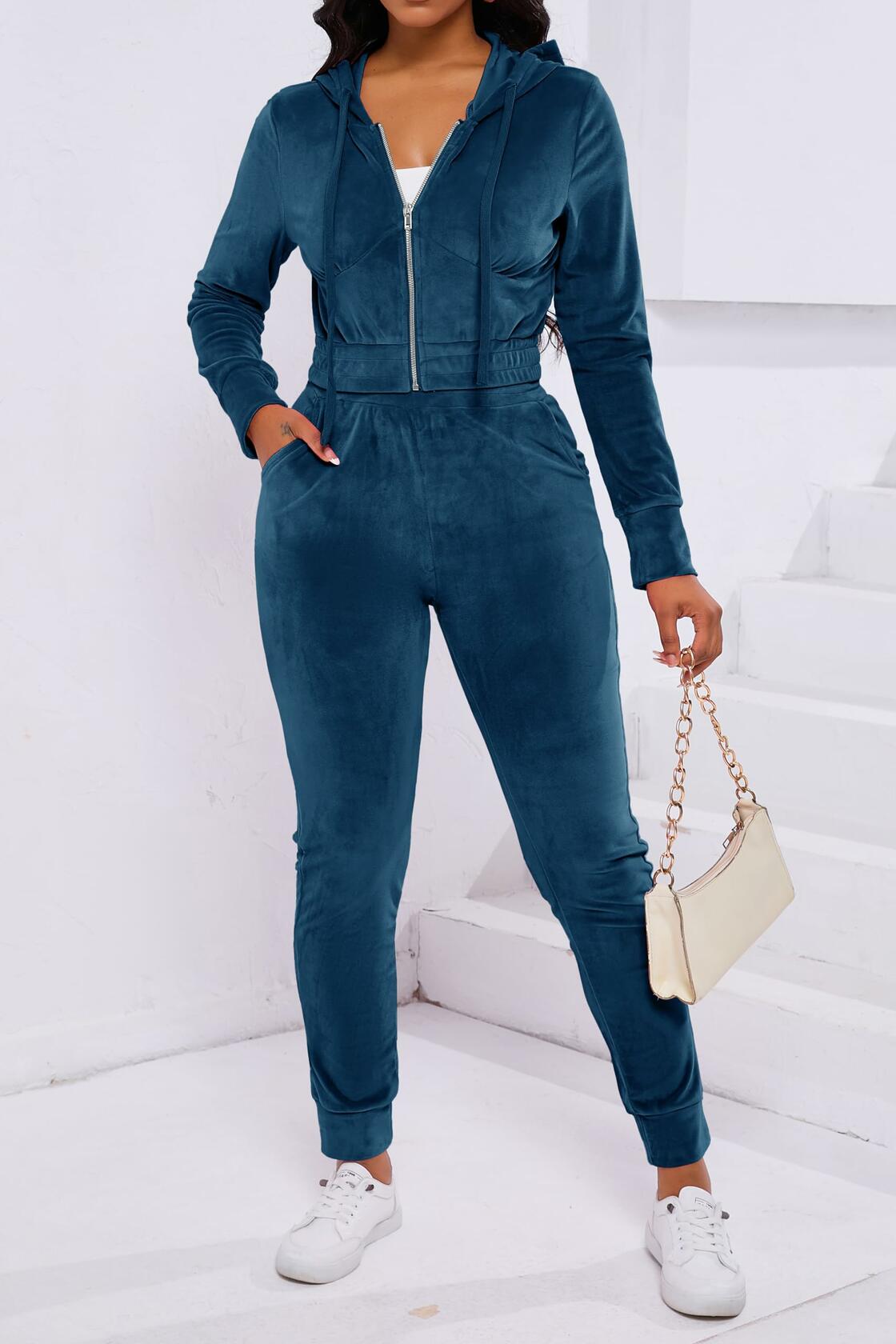PINSV Velour Tracksuit Women Zip Up Hoodie Jogging Sweatsuit Peacock Blue Size L