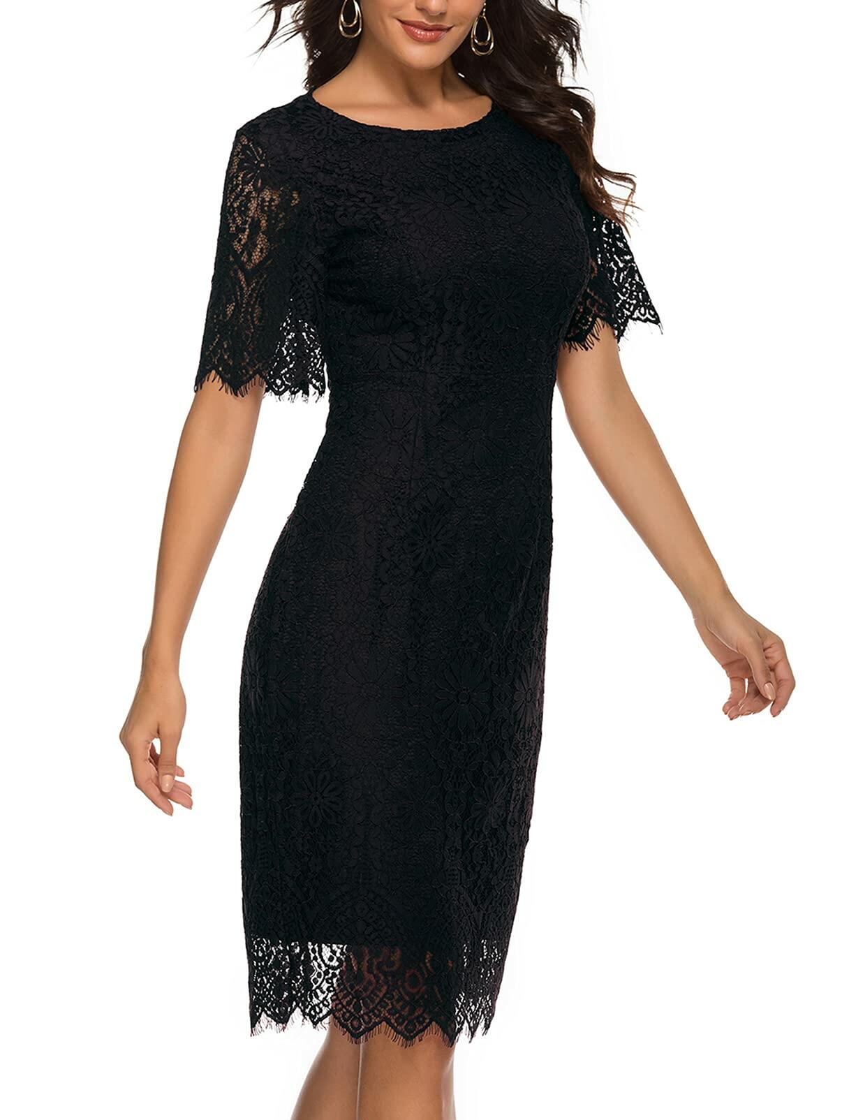 MEROKEETY Women's Short Sleeve Lace Floral Cocktail Dress Crew Neck Size S