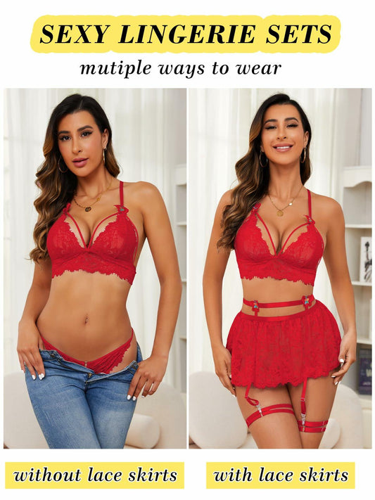 Mixxmix Lingerie Set Bra Crotchless Panties Garter Purple Size S