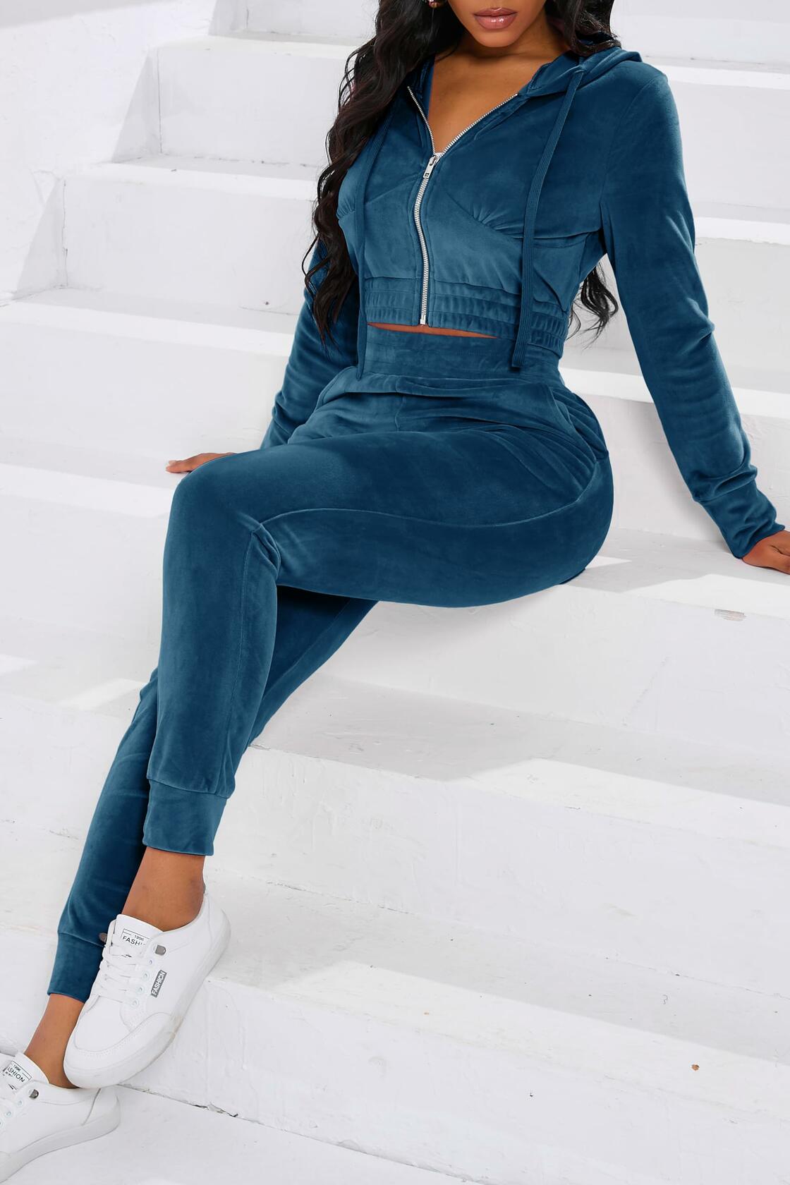 PINSV Velour Tracksuit Women Zip Up Hoodie Jogging Sweatsuit Peacock Blue Size L