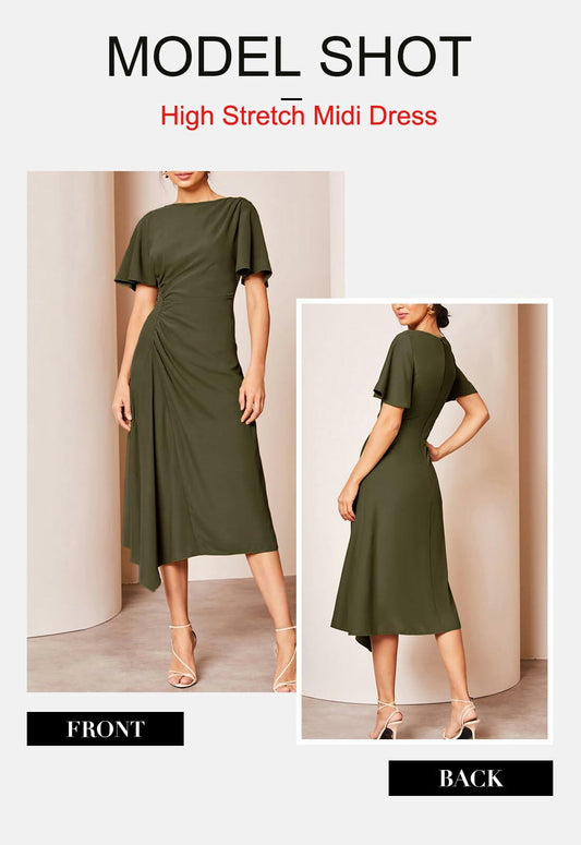 BLENCOT Womens Midi Dress P1609 Ruched Waist Crewneck Green Size Small