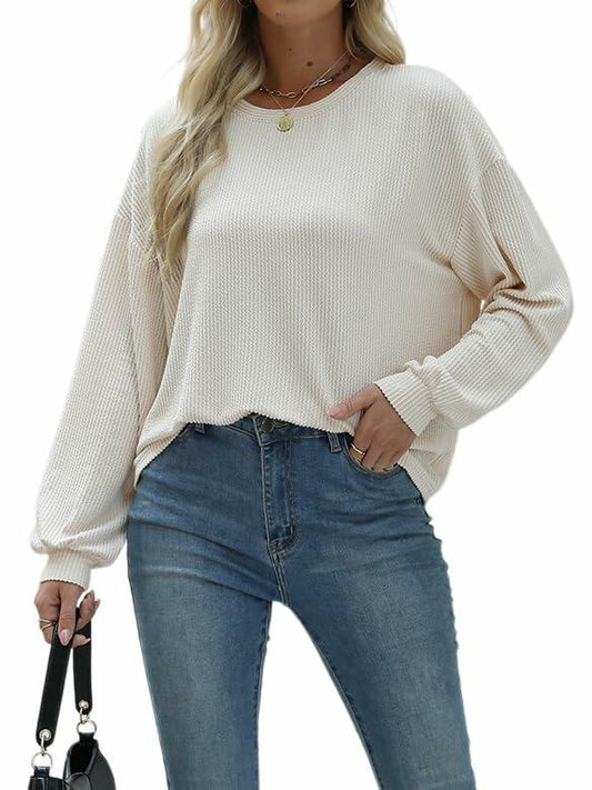 Nfsion Womens Casual Long Sleeve Crewneck Ribbed Shirt Apricot Size S