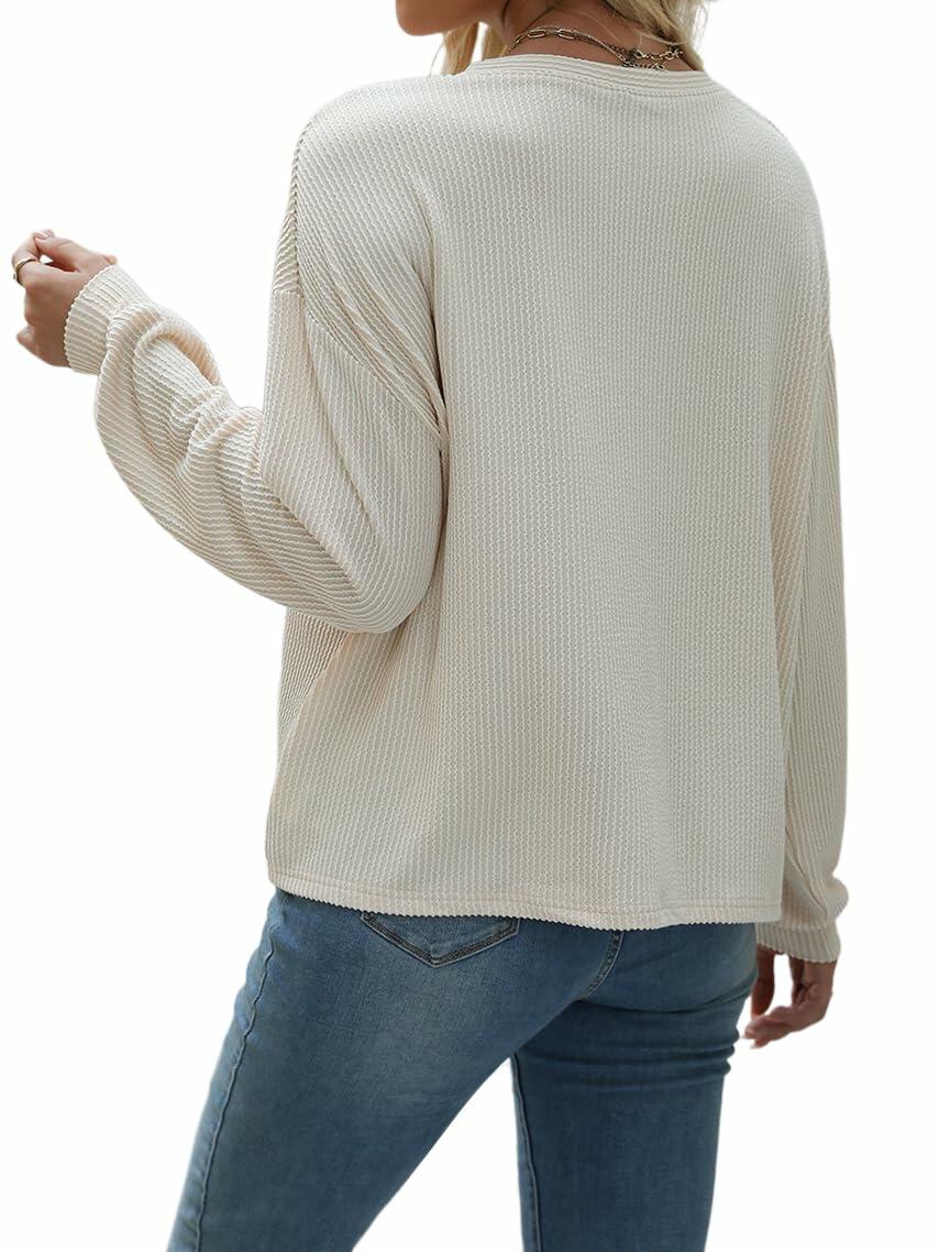 Nfsion Womens Casual Long Sleeve Crewneck Ribbed Shirt Apricot Size S