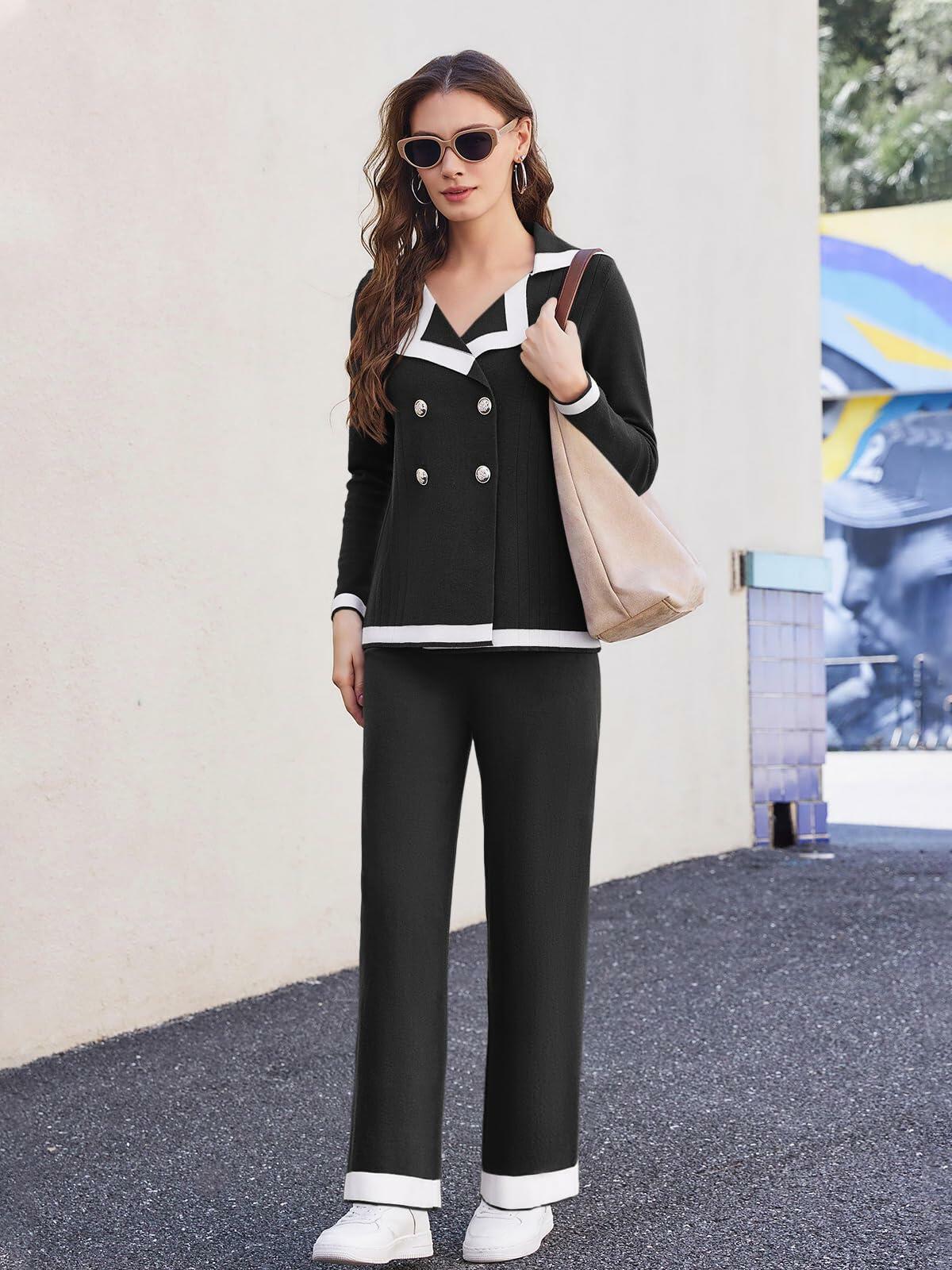 White Knit Two Piece Sweater Set Women Cardigan Wide Leg Pants Size M