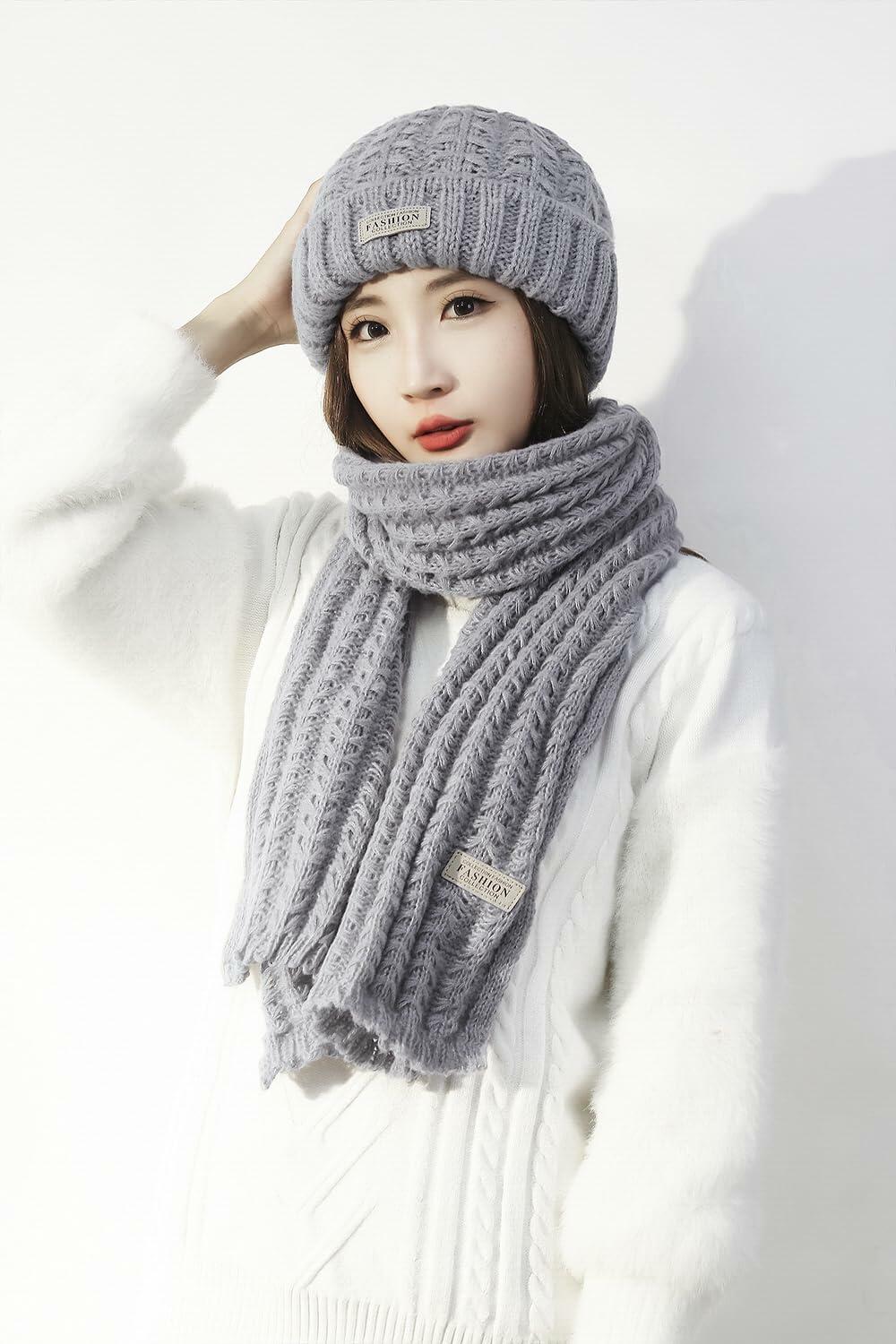Wander Agio Women's Wool Knit Beanie & Scarf Set Grey 5pcs