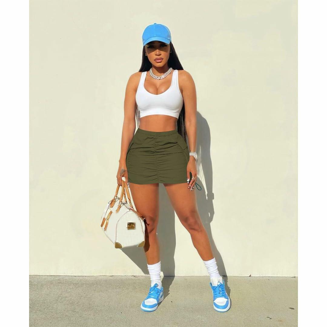 Womens Y2K Cargo Mini Skirt Elastic Waist Ruched Side Pockets Size S