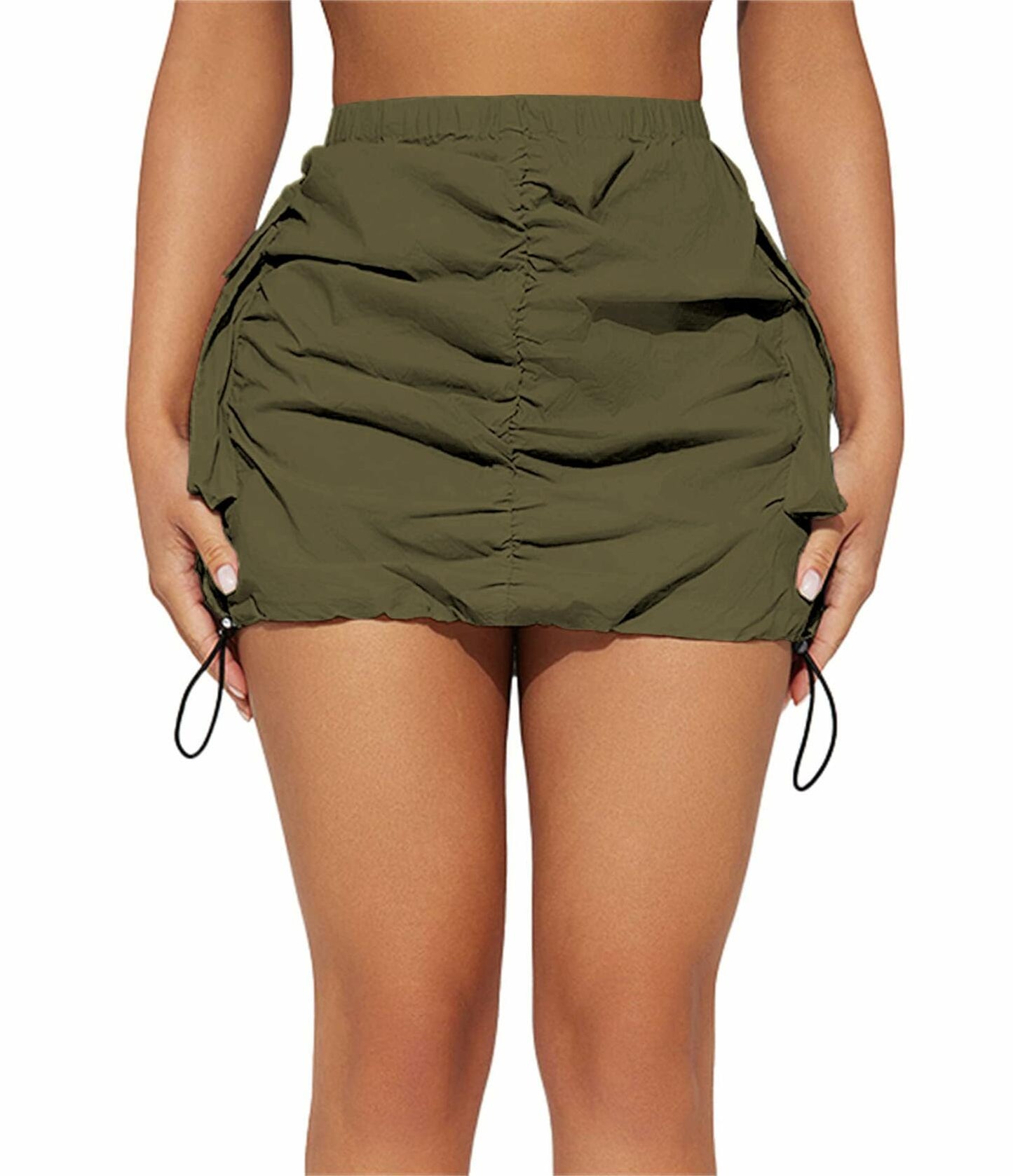 Womens Y2K Cargo Mini Skirt Elastic Waist Ruched Side Pockets Size S