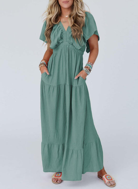 Acelitt Women's Maxi Dress V Neck Short Sleeve Black Size Small