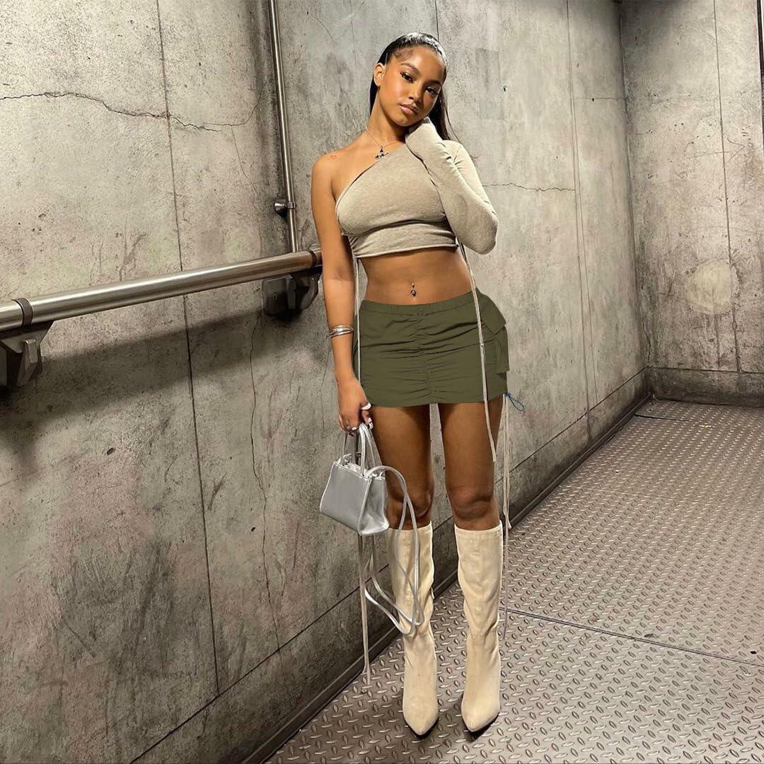 Womens Y2K Cargo Mini Skirt Elastic Waist Ruched Side Pockets Size S