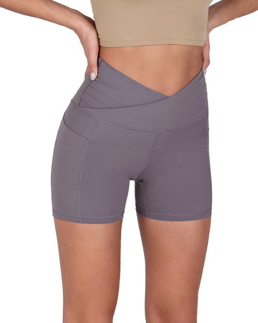 ODODOS Gathered Cross Waist Yoga Shorts with Pockets Women Ash Violet Size S