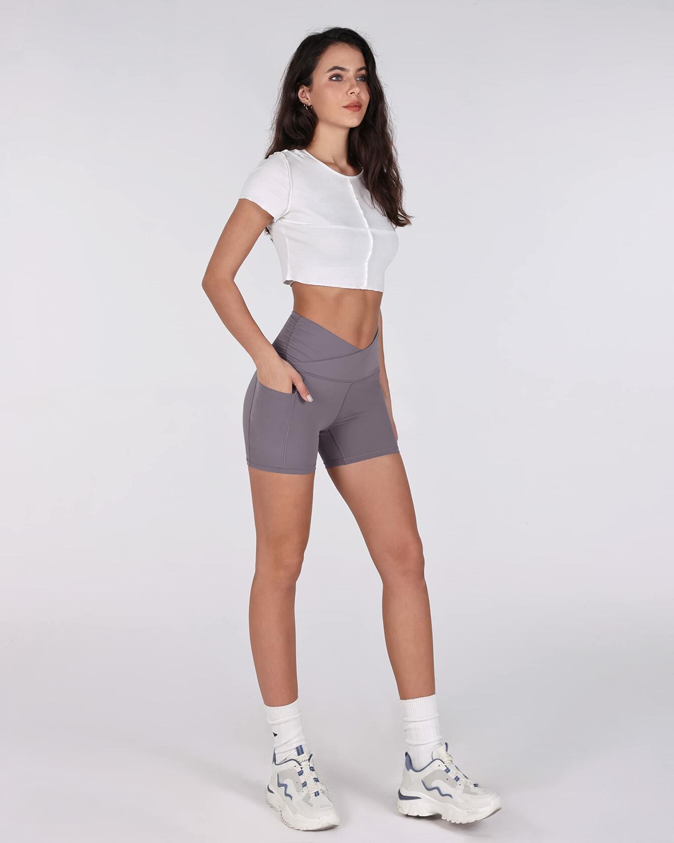ODODOS Gathered Cross Waist Yoga Shorts with Pockets Women Ash Violet Size S