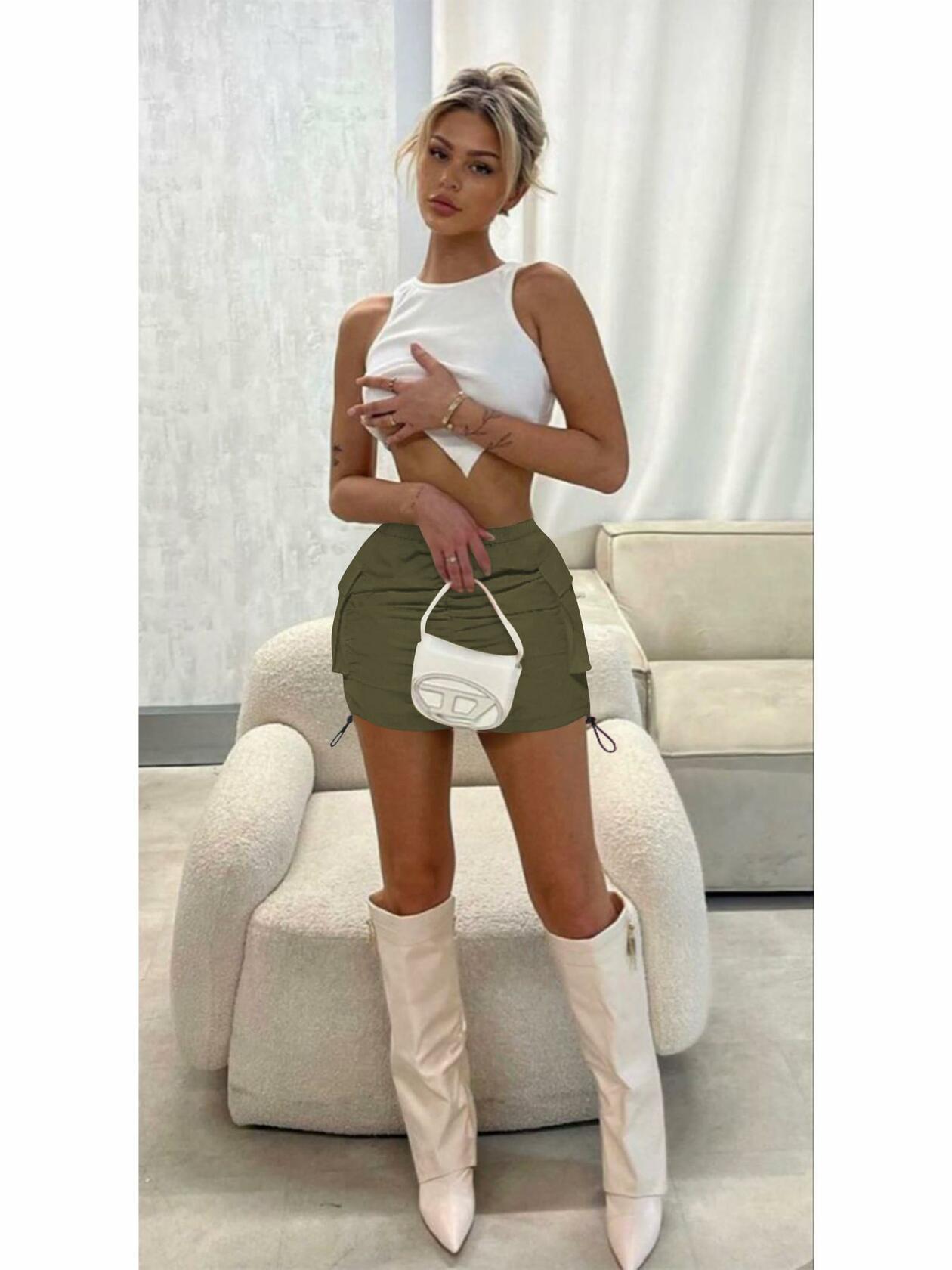 Womens Y2K Cargo Mini Skirt Elastic Waist Ruched Side Pockets Size S