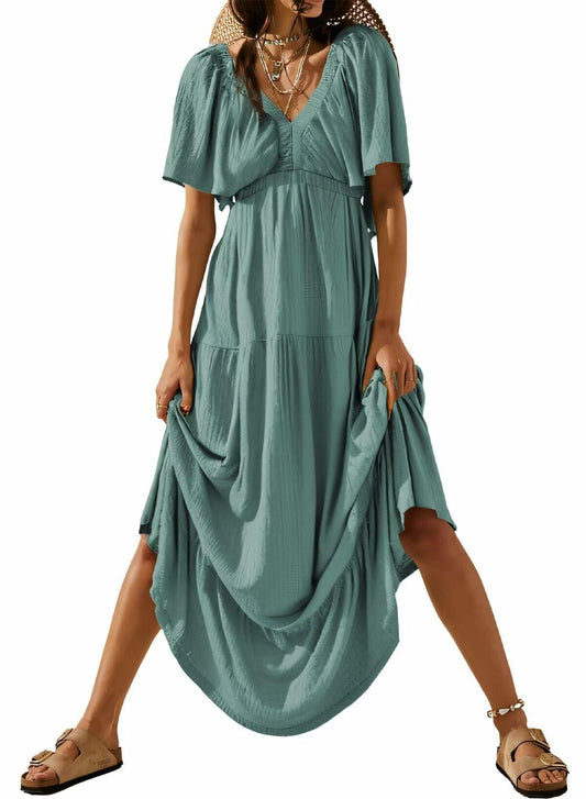 Acelitt Women's Maxi Dress V Neck Short Sleeve Black Size Small