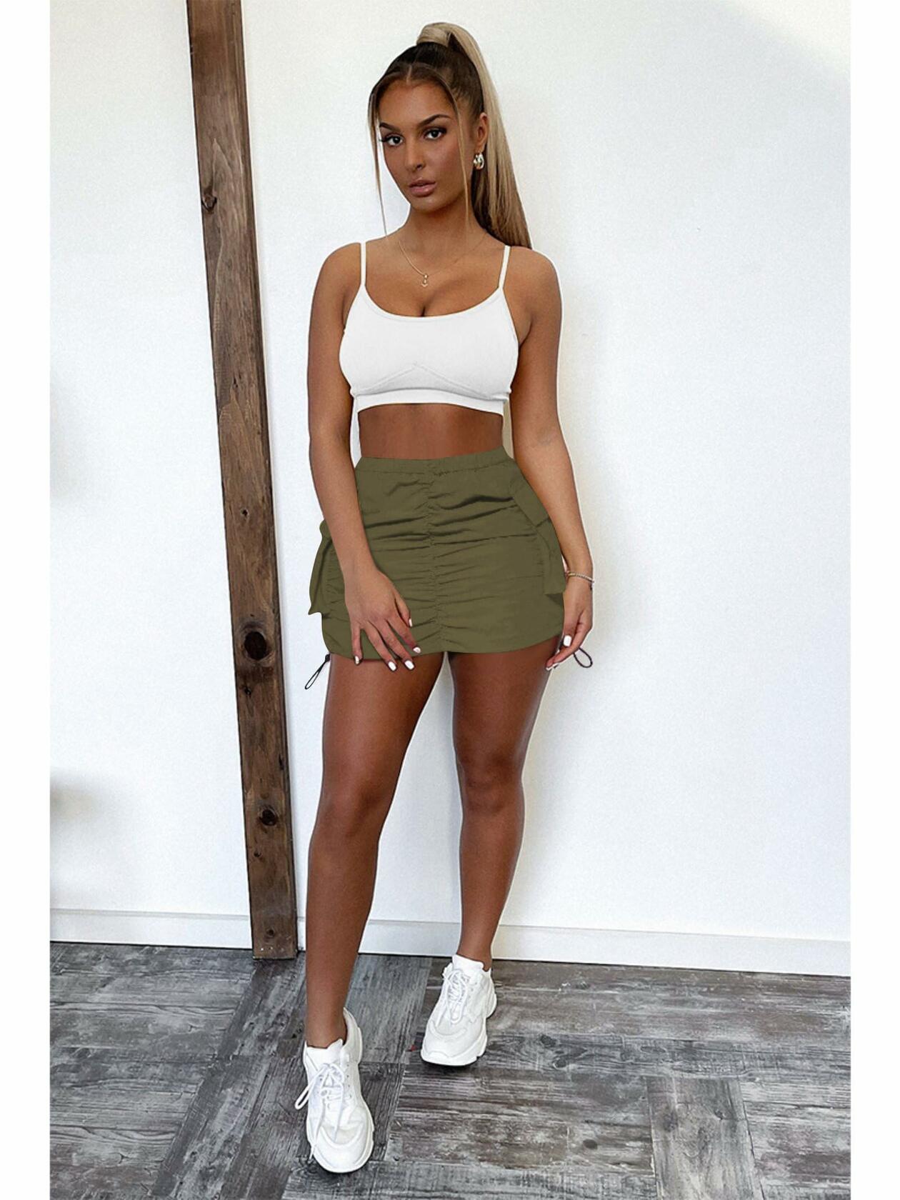 Womens Y2K Cargo Mini Skirt Elastic Waist Ruched Side Pockets Size S