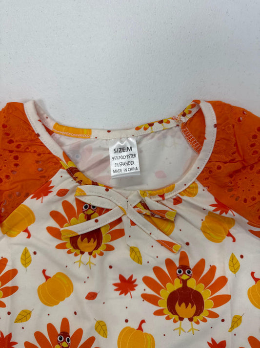 Thanksgiving Girls Nightgown Orange Turkey Print Sleepwear Size 7-8