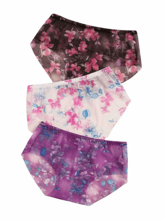 OYOANGLE Women's Floral Print Sheer Panties Mid Waist 3 Pc Multicolor Size L