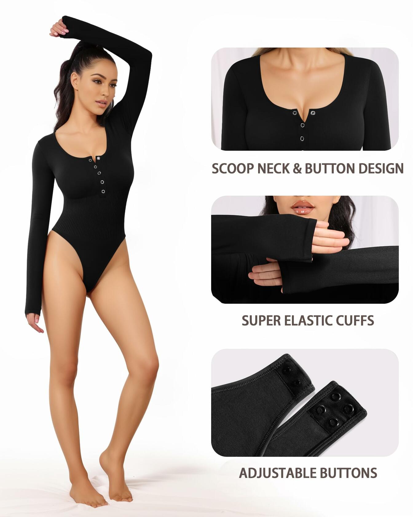 MANGOPOP Ribbed Long Sleeve Bodysuit Thong Seamless Tummy Control Size M
