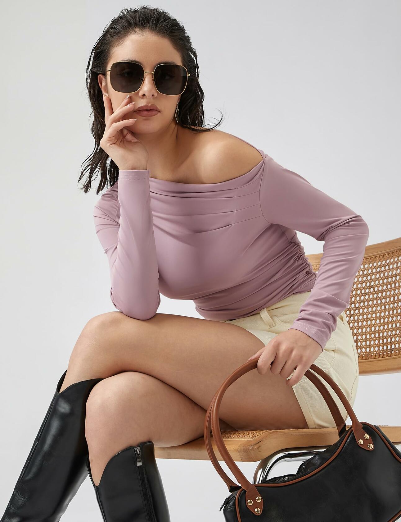 LOMON Women's Off Shoulder Slim Fit Long Sleeve Sweater Grey Size L