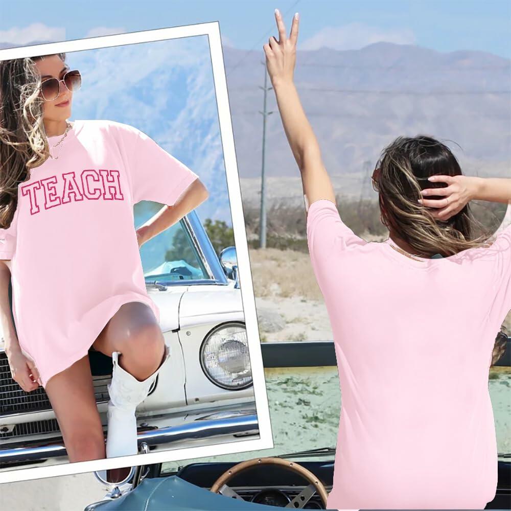 Teach Shirt Oversized Women Teacher Life Pink T-Shirt Casual Embroidery - XXL