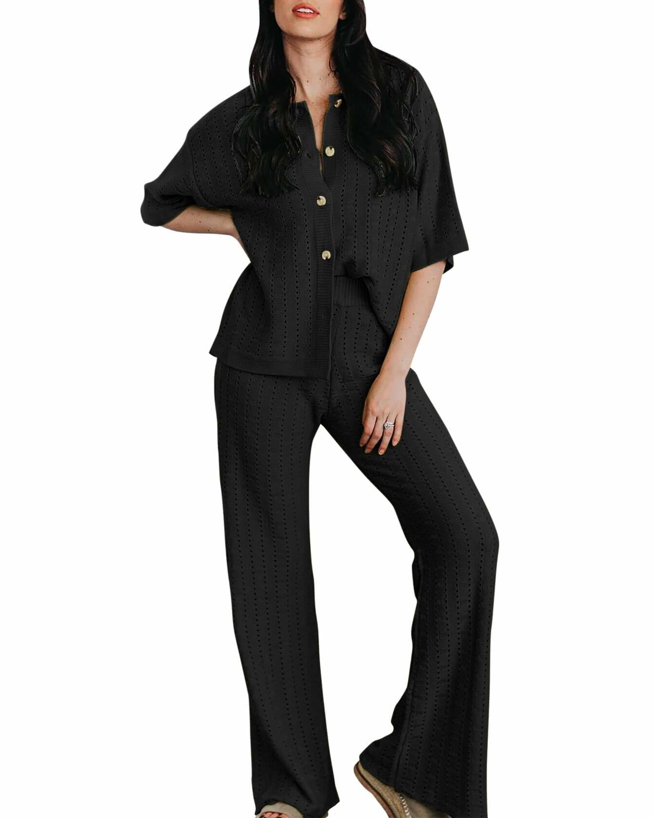 Imily Bela Womens Hollow Out Knit Cardigan & Wide Leg Pants Set Black Size M