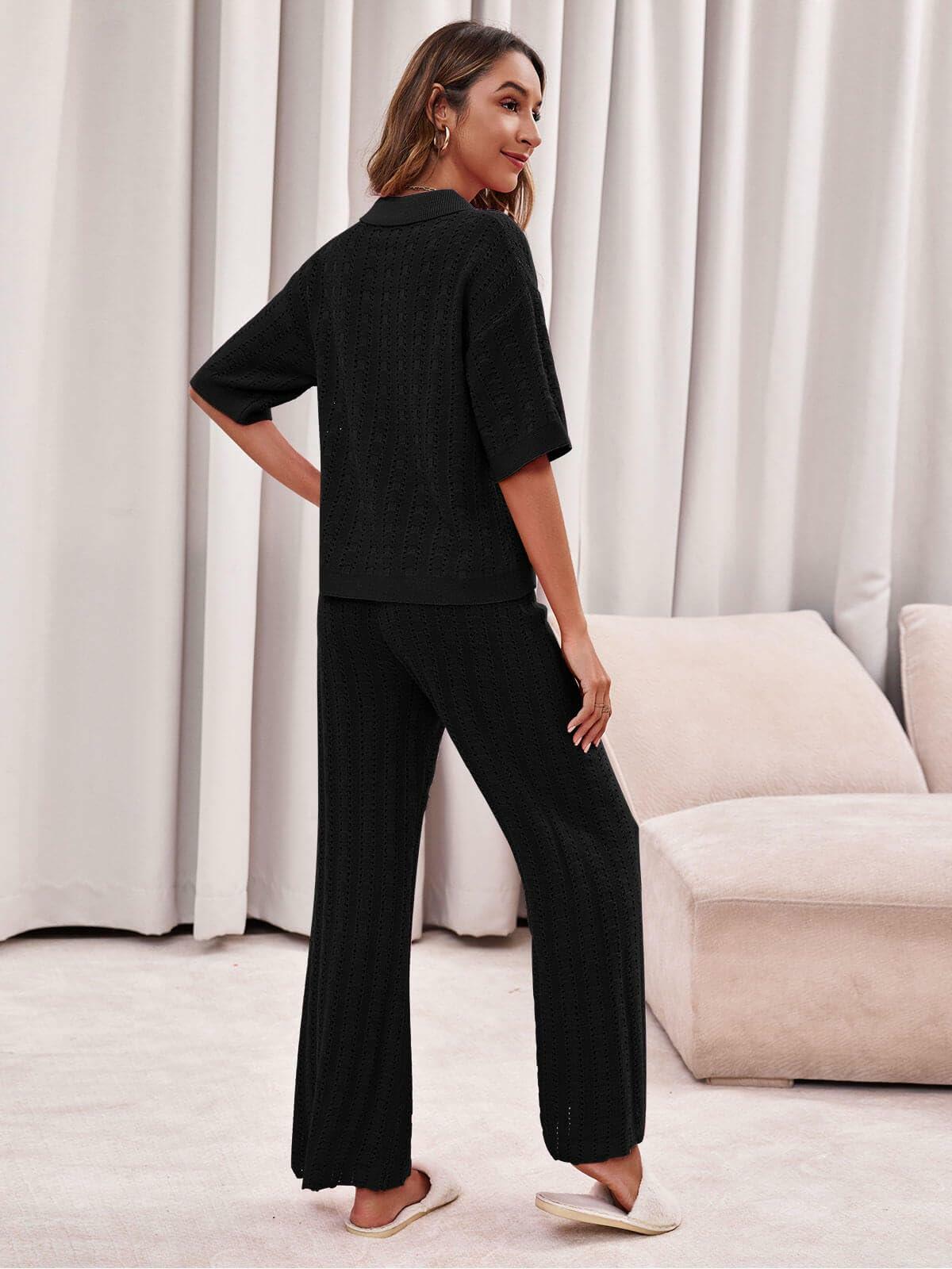 Imily Bela Womens Hollow Out Knit Cardigan & Wide Leg Pants Set Black Size M